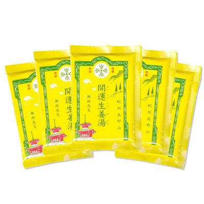 Made with Domestic Yoshino Kudzu. Simply Dissolve In Hot Water for a Delicious Ginger Tea. Koyasan Good Luck Ginger. 15g X 5 Bags.