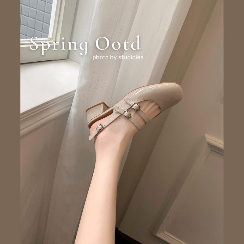 Sheepskin version thick heel leather bag head sandals women's summer wear with skirt Mary Jane shoes empty single shoes cool slippers