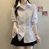 Large Size Women's French Temperament Blue Striped Shirt Summer Short Sleeved Top