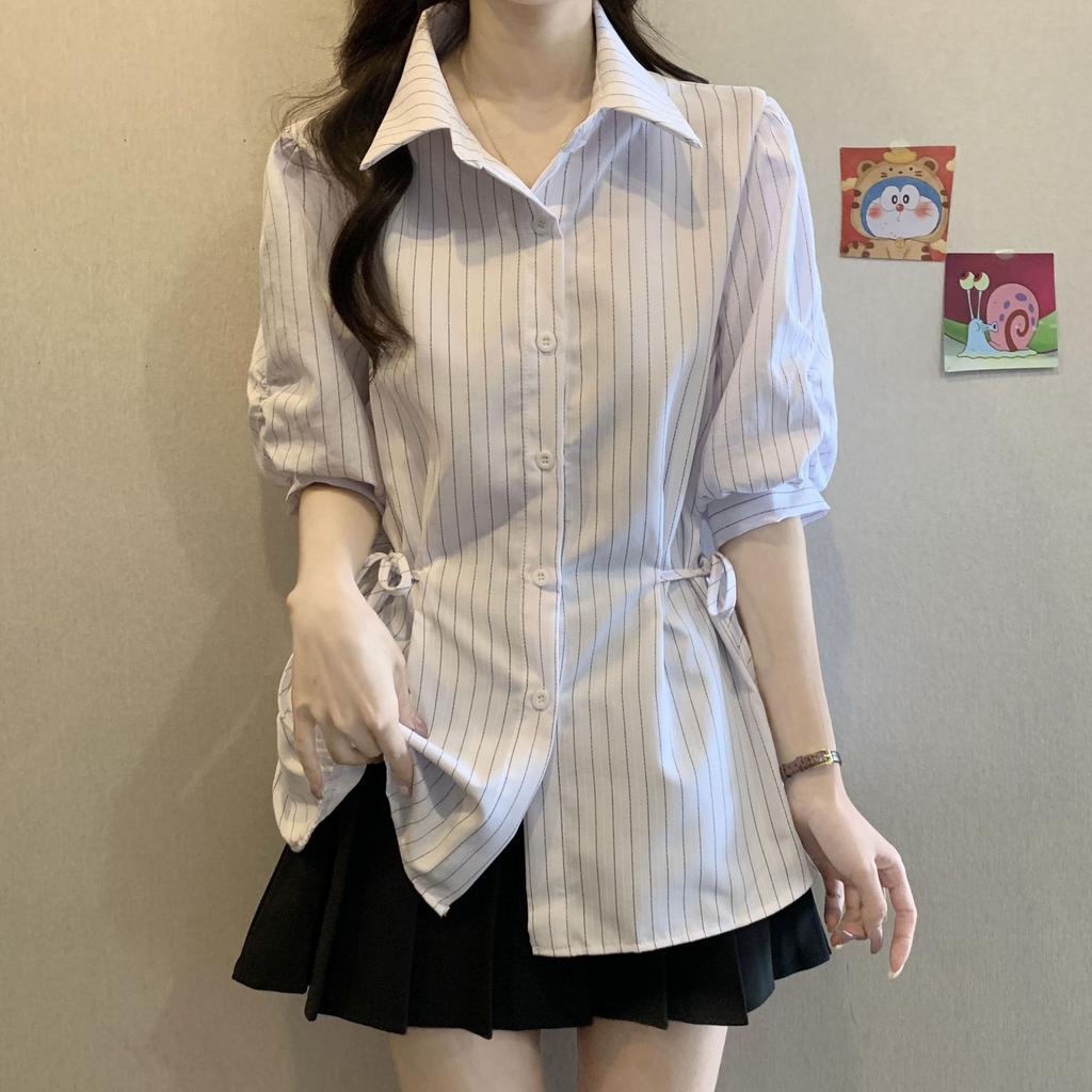Large Size Women's French Temperament Blue Striped Shirt Summer Short Sleeved Top