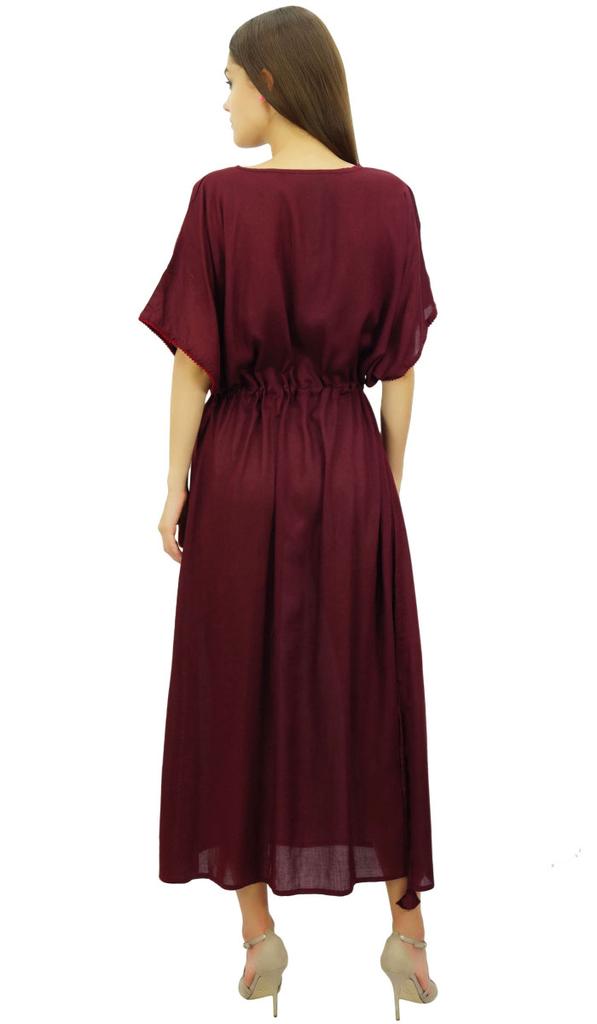 Bimba Women's Maxi Rayon Dress With Drawstring Waist & Short Kimono Sleeve