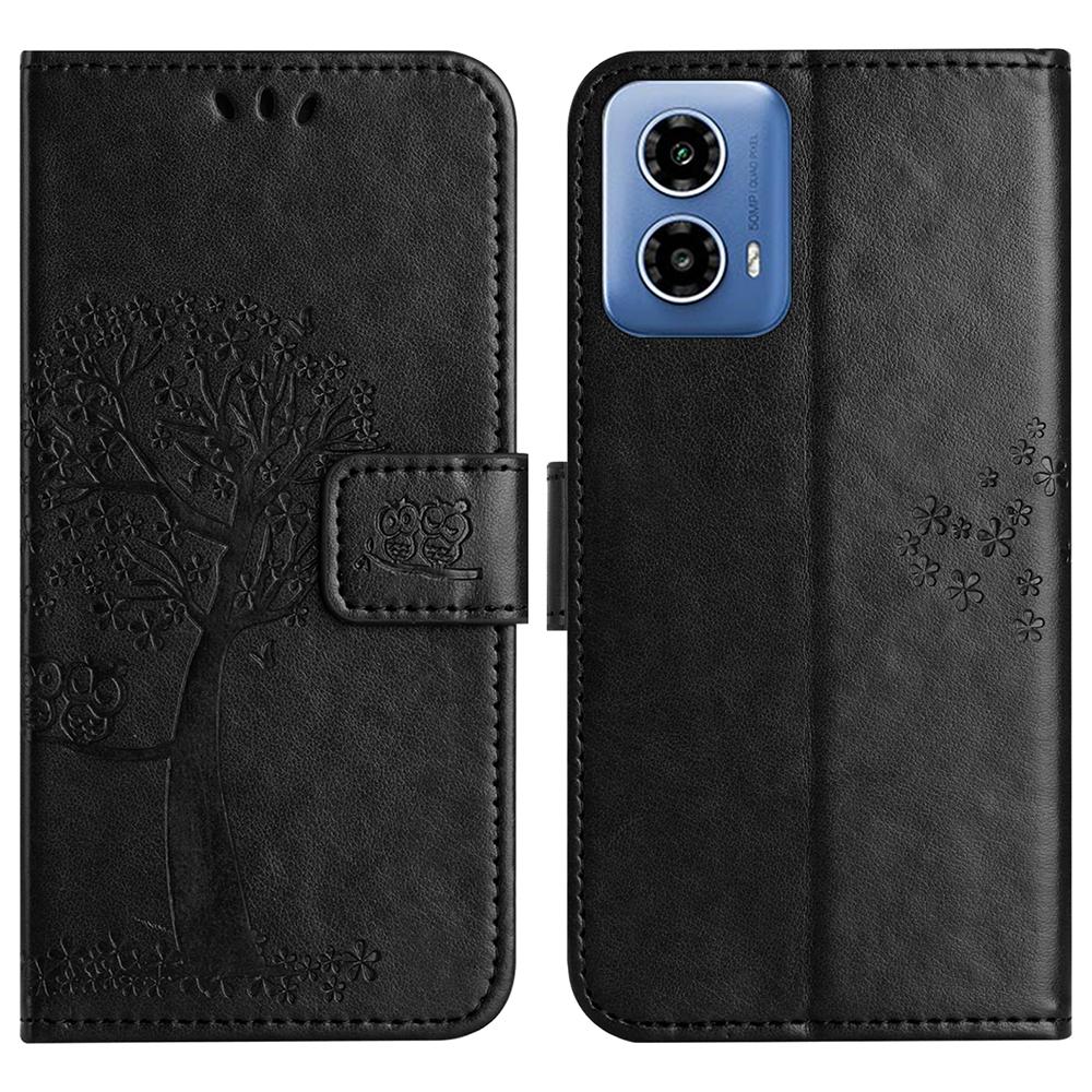 For Motorola Moto G35 5G Case PU Leather Owl Tree Imprinted Wallet Phone Cover