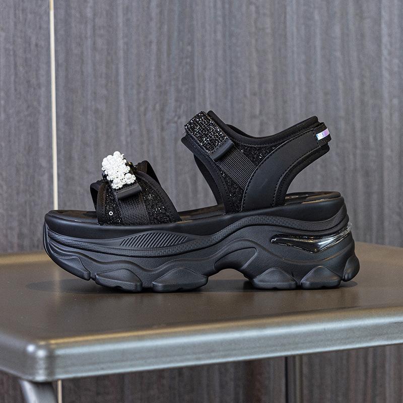 

7CM New Air Mesh Breathable New Women Sandals Comfy Shoes Fashion Summer Fish Toe Platform Wedge High Hidden Heels Ladies 39 чёрный