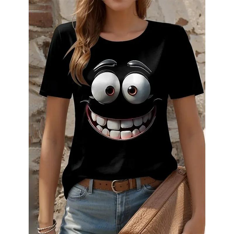 3D Printed Fun Expression Pattern T-shirts Summer Casual Round Neck Top Short Sleeve Loose Women's T-shirts