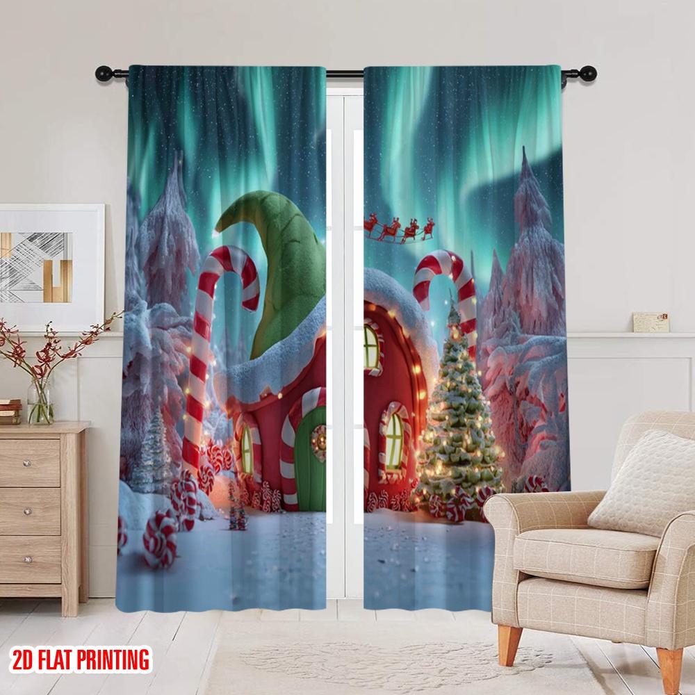 2pcs,2D Plane Printing Curtain Fabric Christmas Red Truck Versatile 100% Polyester (without Rod) Art Deco Festive Use for Living