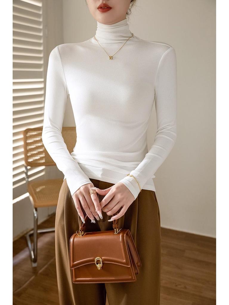 Top Feminino Slimming Elástico de Algodão Canelado Gola Alta Manga Longa - Outono/Inverno 2025