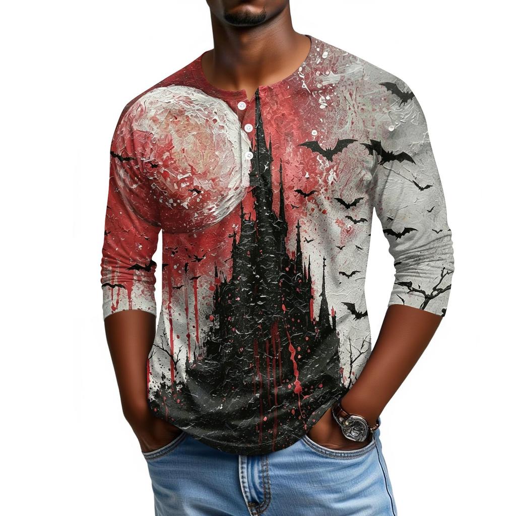 Men's Casual Halloween Print Raglan Sleeve Henley Shirt Three Quarter Sleeve Lightweight Top for Everyday Wear