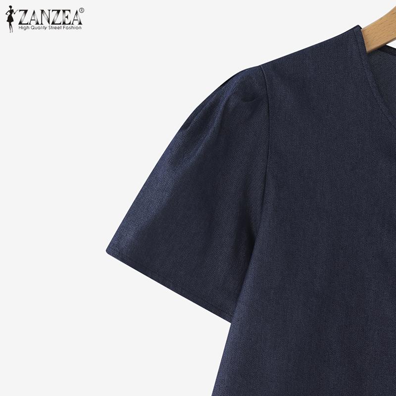 ZANZEA Women Casual Round Neck Button Short Sleeve Blouse