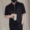 Summer Men's Black Half Zip Polo Shirt Casual Stand Collar