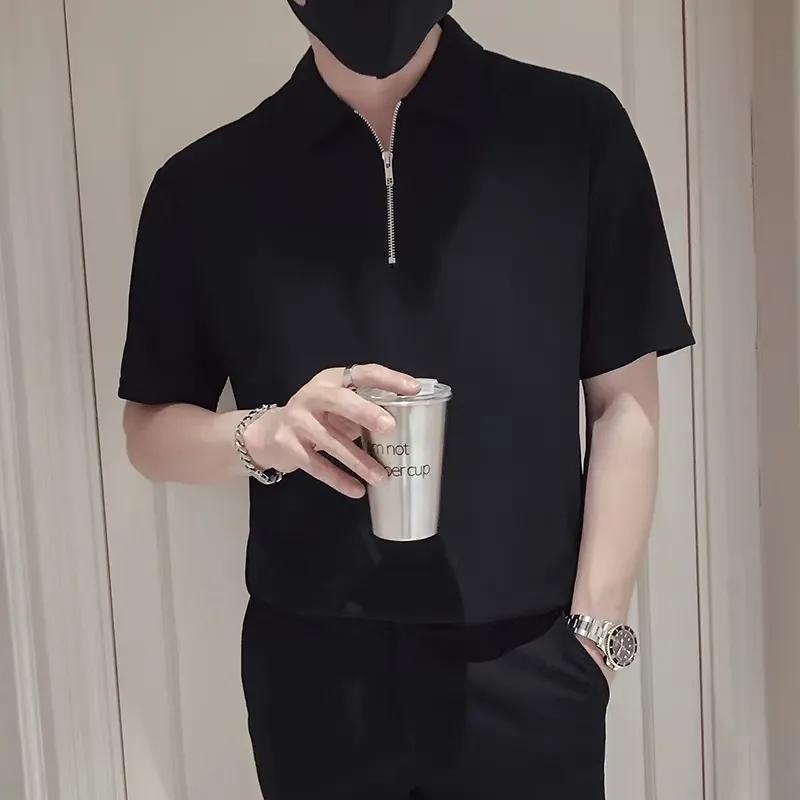 Summer Men s Black Half Zip Polo Shirt Casual Stand Collar S чёрный