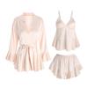 Women's Solid Satin Lace V Neck Padded Cami Shorts with Robe Lounge Set