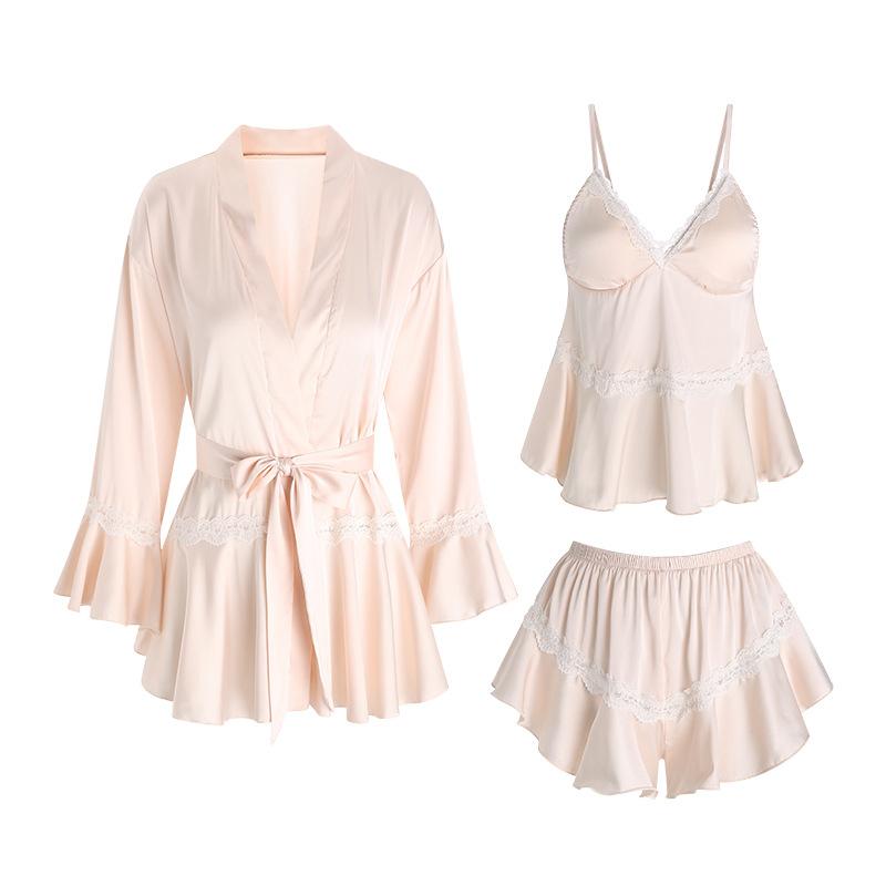 Women's Solid Satin Lace V Neck Padded Cami Shorts with Robe Lounge Set