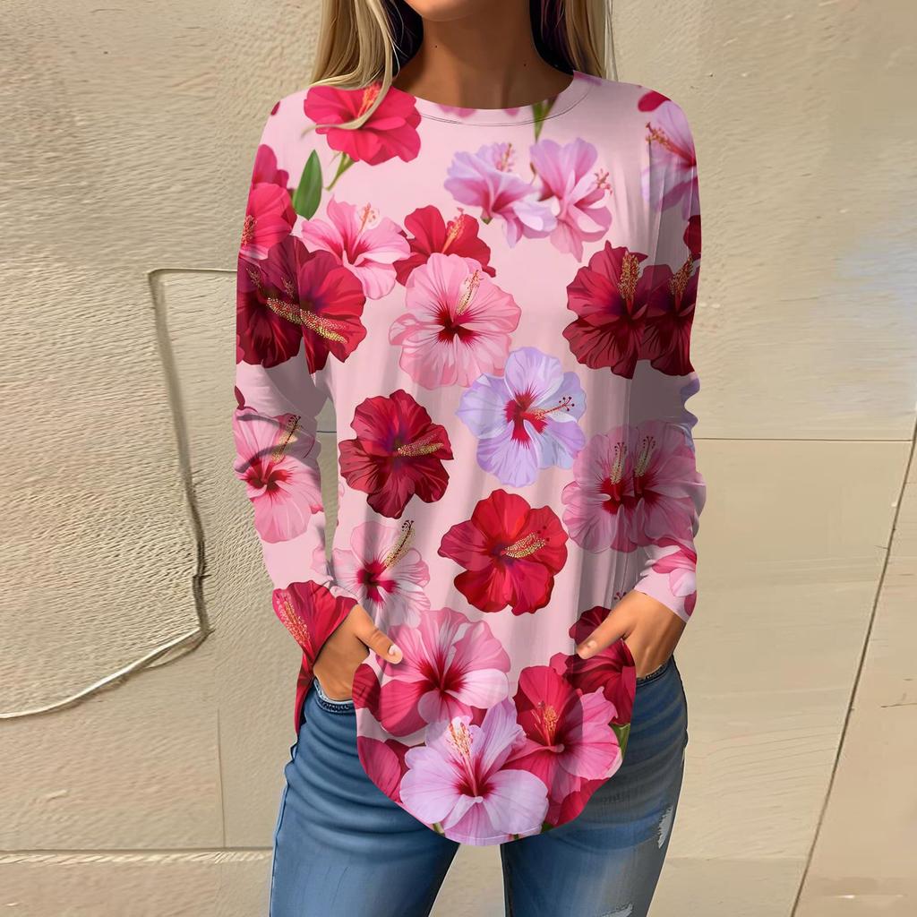 Women's Loose Casual Flower Printed Round Neck Long Sleeved T Shirt Top Pullover Long Sleeved Sweatshirt