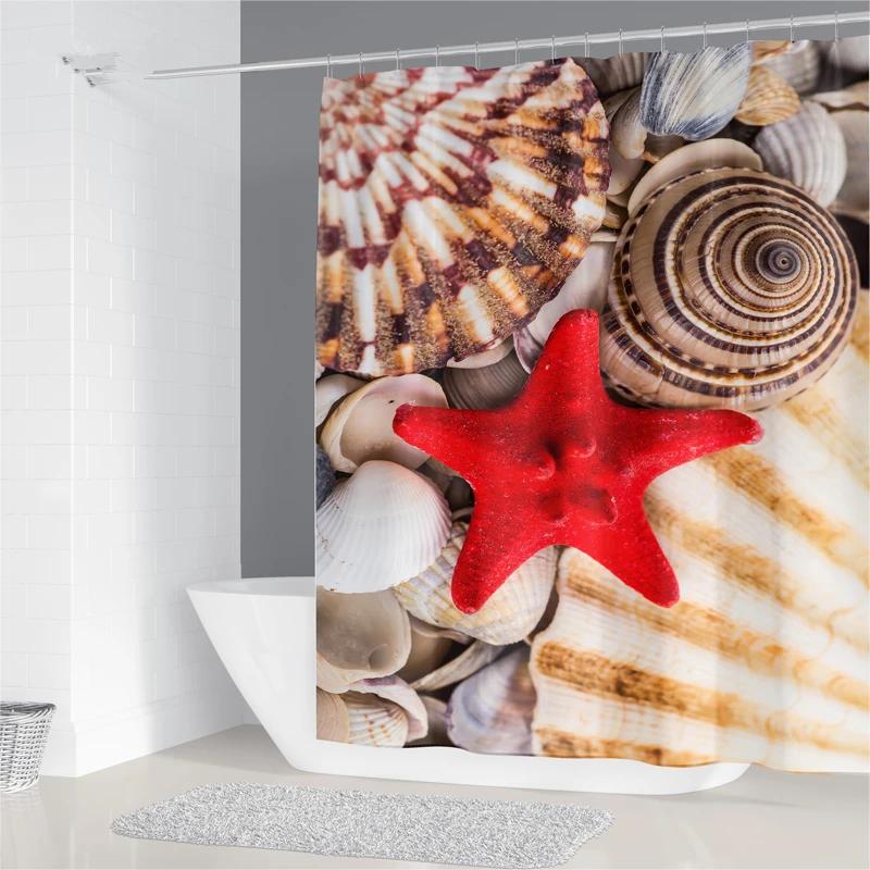 Starfish Beach Shower Curtains 3D Seashell Ocean Theme Waterproof Polyester Fabric Bathroom Decor with Hooks Bathtub Curtains