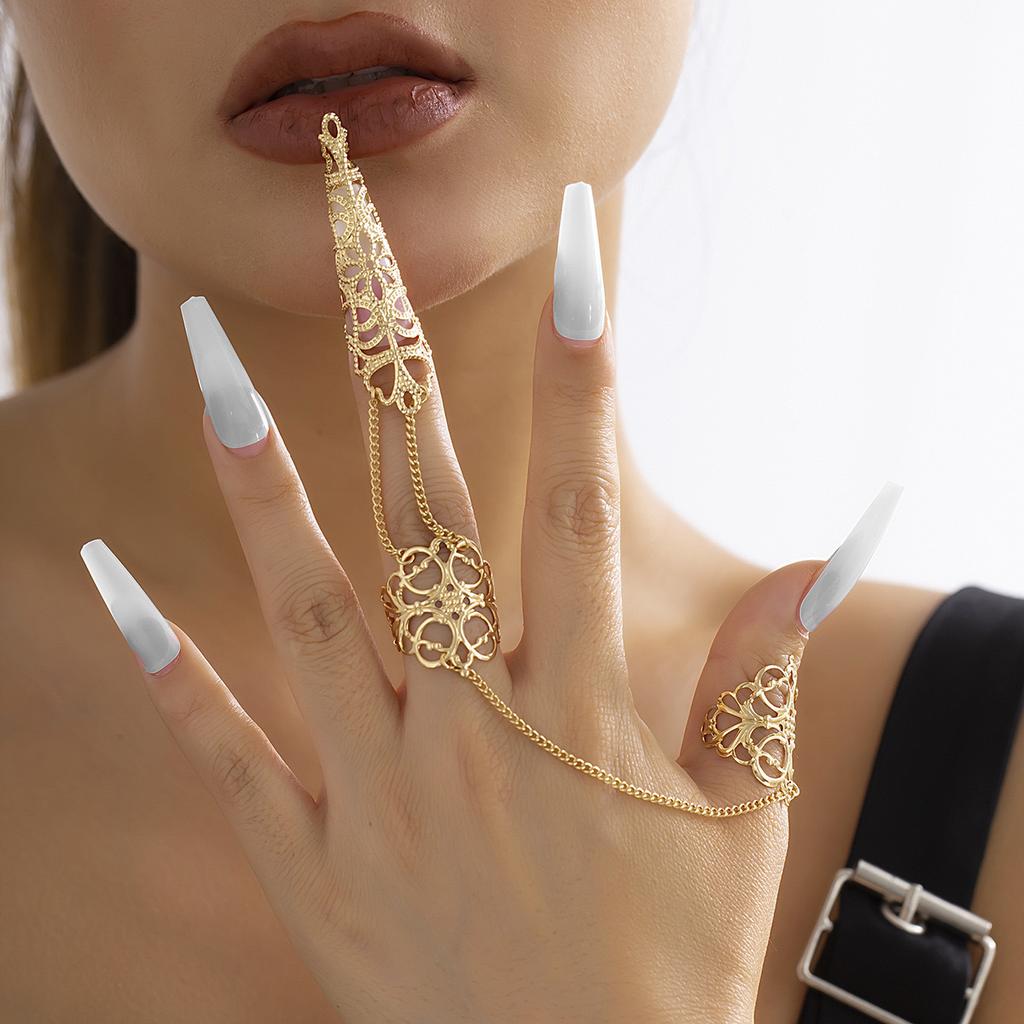 Gothic Hollow Cone Nail Cover With Finger Ring, Niche Metal Fringed Ring For Women
