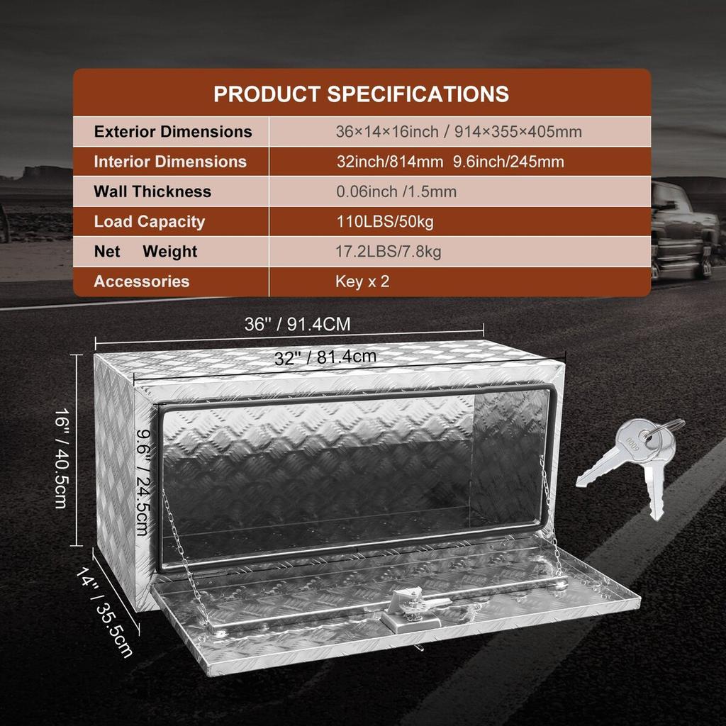 Underbody Truck Box, 36"×14"×16" Pickup Storage Box, Heavy Duty Aluminum Diamond Plate Tool Box with Lock and Keys, Waterproof Trailer Storage Box
