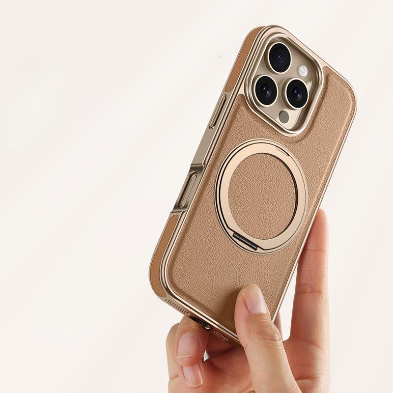 For Magsafe Magnetic 360 ° Rotating Metal Car Bracket Ring Solid Color Leather Phone Case For iPhone 16 Pro Max 14 13 15 Pro Max