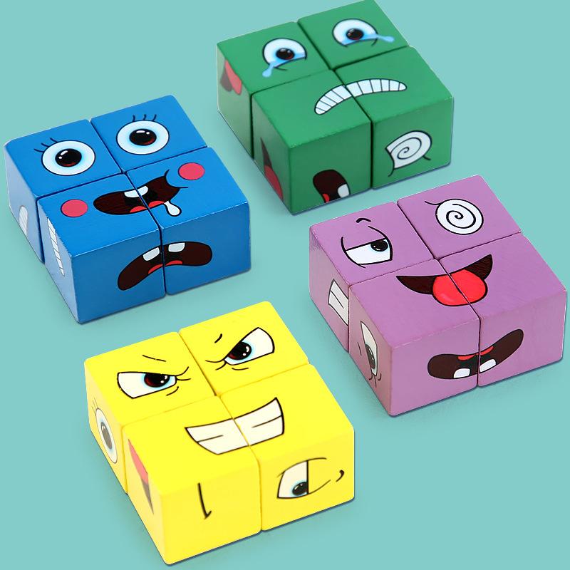 Face-Changing Rubik'S Cube Expression Building Block Puzzle Children'S Puzzle Early Education Kindergarten Parent-Child Interactive Game Wooden Toy