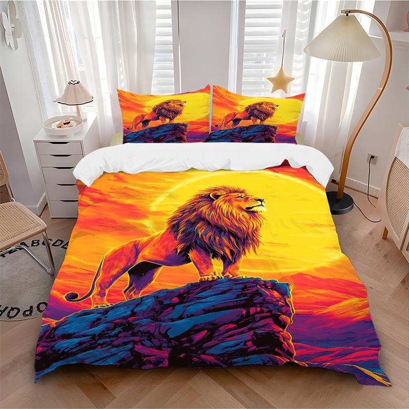 3pcs Lion, Sunset Duvet Cover Set, Soft Comfortable Duvet Cover,Guest Room (1*Duvet Cover + 2*Pillowcase, Without Core) Yy251104188