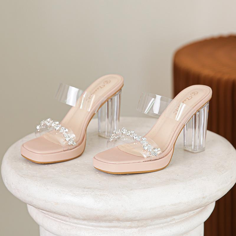 Fashion Summer New Line with High Heels Slippers Waterproof Table Crystal Thick Heels Medium Heels Small Size Transparent Sandals Woman