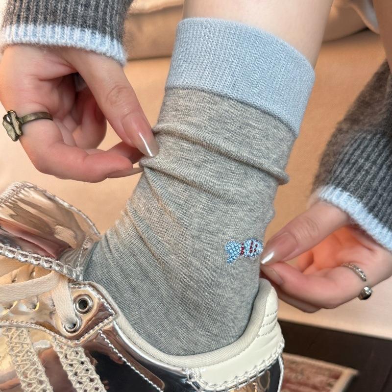 

Женские весенне-осенние носки-гольфы из чистого хлопка с вышивкой, контрастных цветов, с мультяшными милыми маленькими животными 1 pair серый/синий