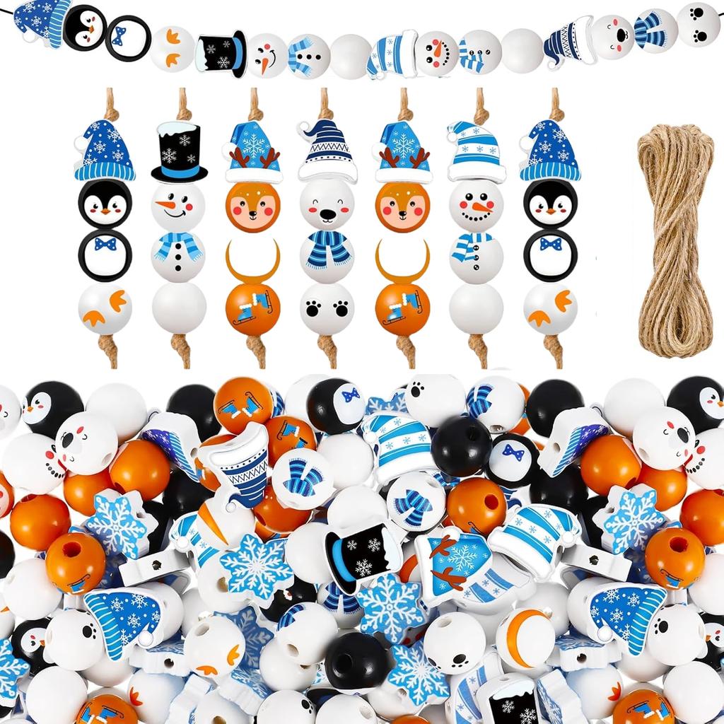 60-100 Stück Weihnachten Holzperlen Set Schneemann Eisbär Pinguin Elch DIY Basteln Feiertagsparty Dekorationen