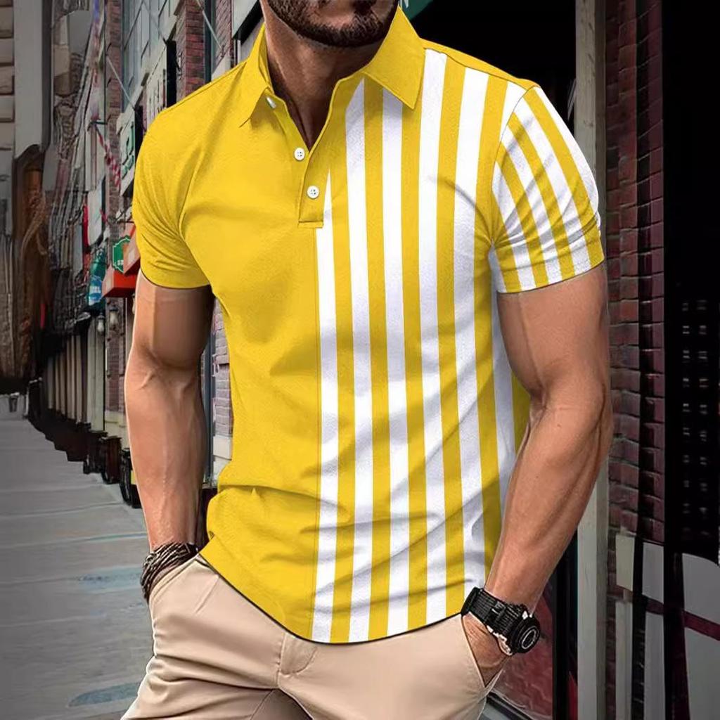 New Summer New Men's Short-sleeved Polo Shirt Striped Printed Lapel Polo Shirt Men's T-shirt Tops