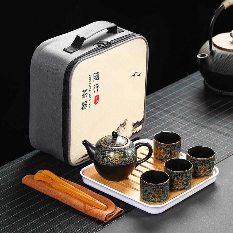 Pile flower gilt whole set Kung Fu tea set Portable travel tea set Business enterprise Company event gift set