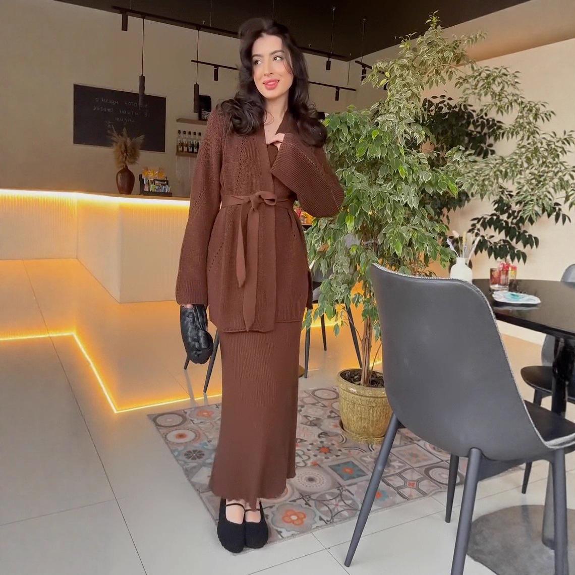 

2025 Autumn Women s Casual Knit Cardigan & Hip Wrap Skirt Set XS верблюд