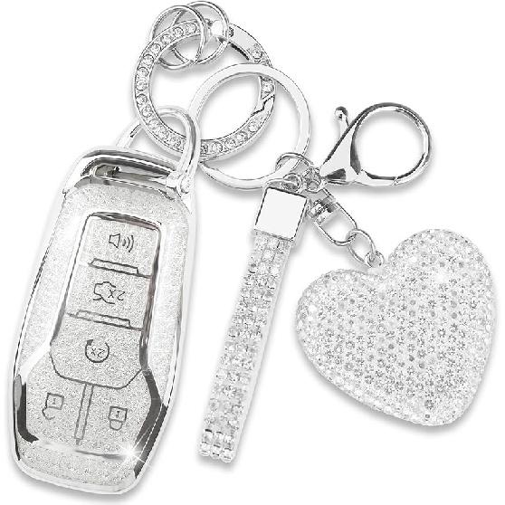 Key Fob Cover With Heart Keychain, Girly Car Key Shell Case For Women, Compatible With Ford Fusion Mustang F150 Edge Explorer Lincoln MKZ MKC MKX
