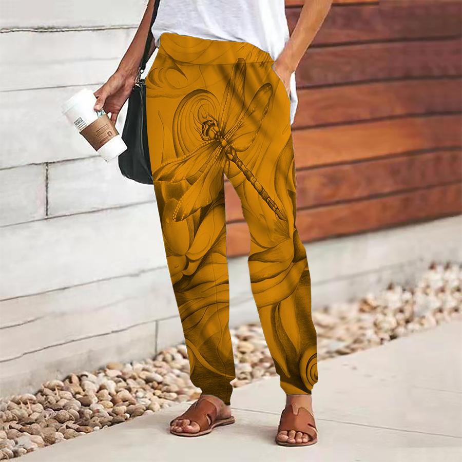 Dámské retro potištěné kalhoty se šněrováním v pase s gumou, volné kalhoty, ležérní dlouhé kalhoty s kapsami