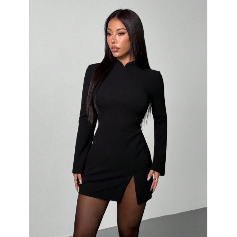 Spring European and American new women's clothing style temperament sexy slim basic split half turtleneck dress women