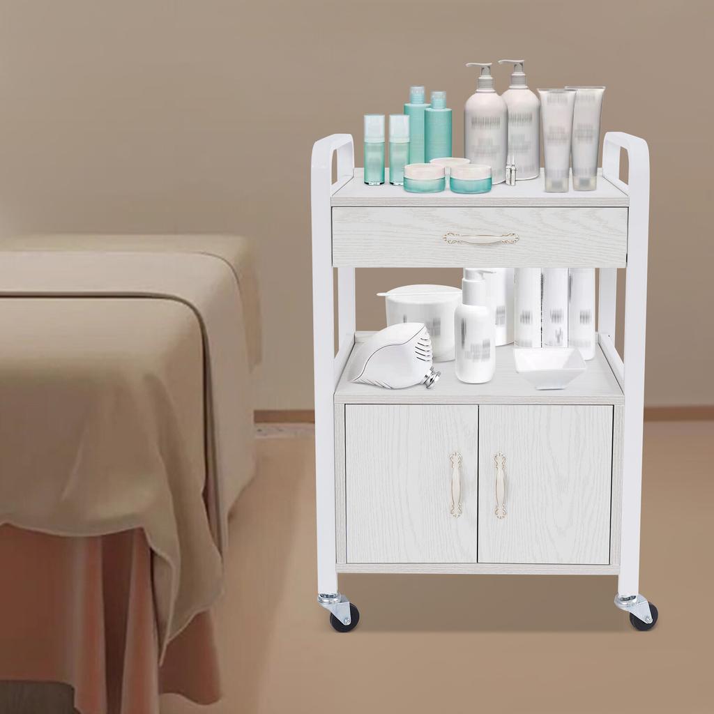 Professional 2-Tier Salon Rolling Cart, Mobile Organizer w/ 4 Wheels, 75kg/165 lbs Capacity, White Beauty Supply Storage Cabinet