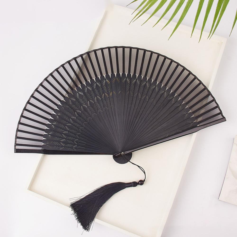 Elegant Carved Bamboo Folding Fan Flower Tassel Folding Fan Portable Handheld Fan  Wedding