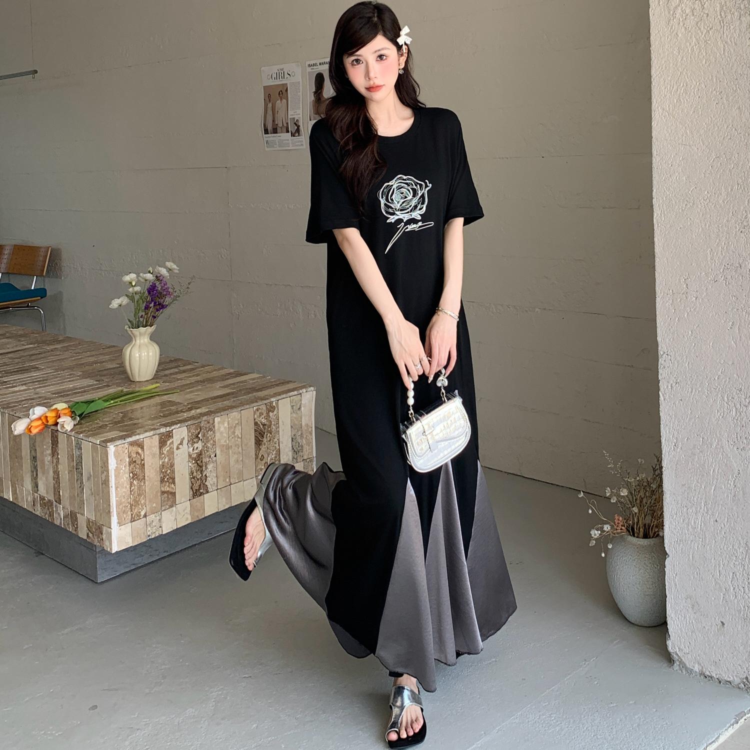 

DIMANAF 2025 Plus Size Dress Women Summer Spliced Vintage Dress Basic Printing Long Loose Casual Black Dress 3XL чёрный