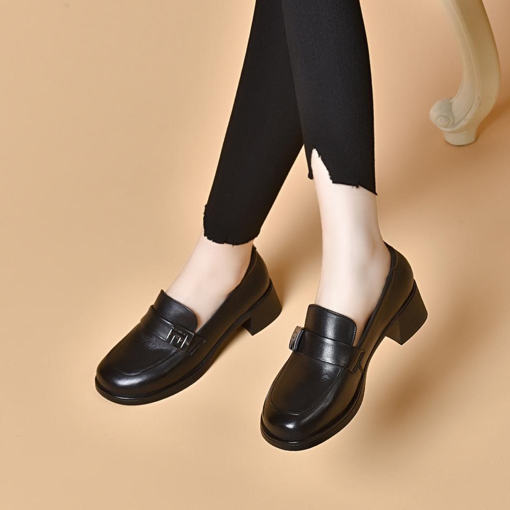 Round Head Small Leather Shoes Women's Spring Round Head Square Buckle Shallow Mouth Women's Single Shoes Sheepskin Middle Heel