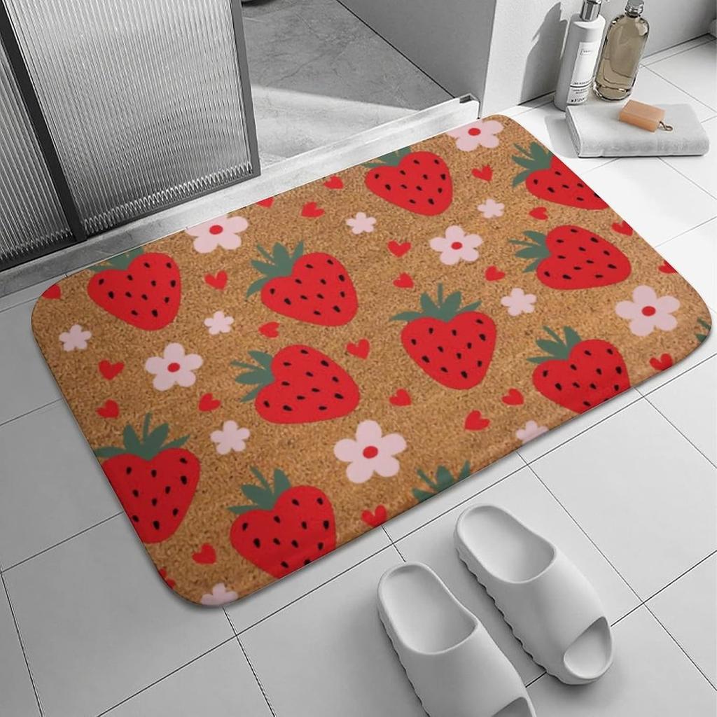 Strawberry Hearts Doormat, Floral Spring Summer Welcome Mat, Indoor Front Back Door Mat, Coral Velvet Rug 16"x24"