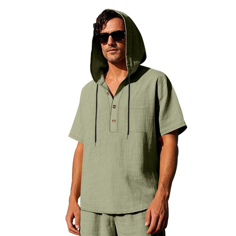 Herren Heiß Verkauft Amerikanisches Sommer Leinenhemd, Einfaches Lockeres Freizeit Kapuzen Henley Kurzarm T-Shirt
