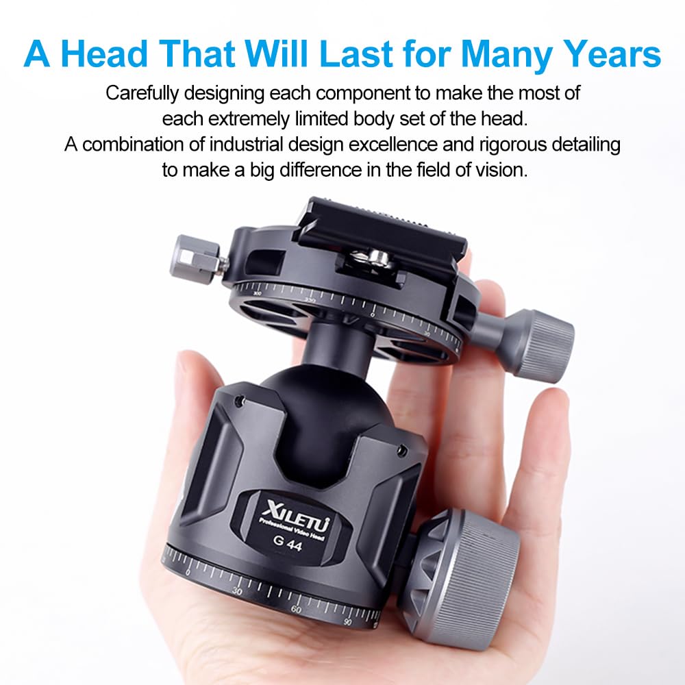 XILETU 44mm Ball Head for Low Center of Panoramic Aluminum Alloy QR Plate Maximum Load Capacity for and Cameras Tripods, Gravity, 360° View,