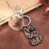 Western Cowboy Leopard Print Leather Keychain with Acrylic Letter and Plush Ball Accessories