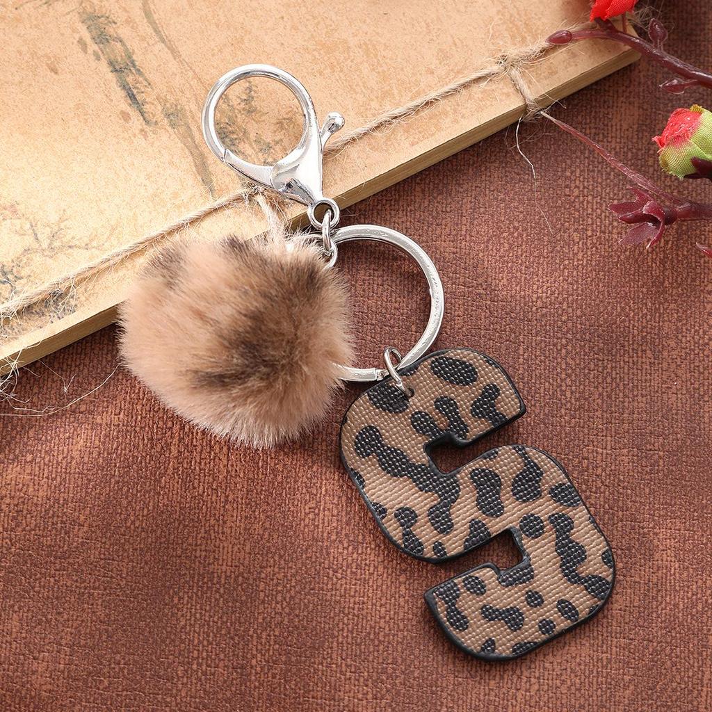 Western Cowboy Leopard Print Leather Keychain with Acrylic Letter and Plush Ball Accessories