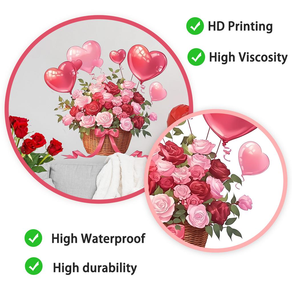 Romantic Heart Basket Floral Wall Sticker Self-Adhesive Removable for Bedroom Dorm Room Home Decor