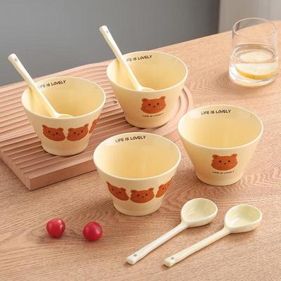 Cute Cartoon Bear Ceramic Bowl & Spoon Set