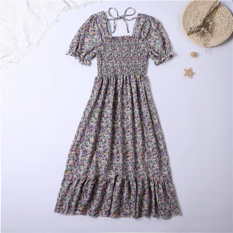Spring Floral Square Neck Lace Midi Dress with Puff Sleeves