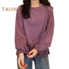 Women T-shirt Round Neck Lantern Long Sleeve Elastic Cuffs Tee Shirt Solid Color Loose Fit Pullover Tops Daily Wear