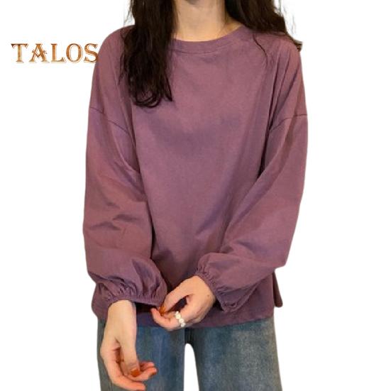 Women T-shirt Round Neck Lantern Long Sleeve Elastic Cuffs Tee Shirt Solid Color Loose Fit Pullover Tops Daily Wear
