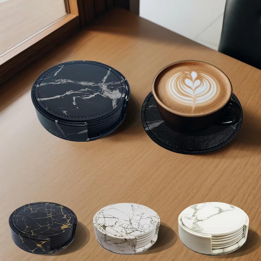 6PCS/Set 10cm Leather Marble Coaster Drink Coffee Cup Mat Table Placemats Round Heat-resistant Tea Pad Table Pad Holder Coaster