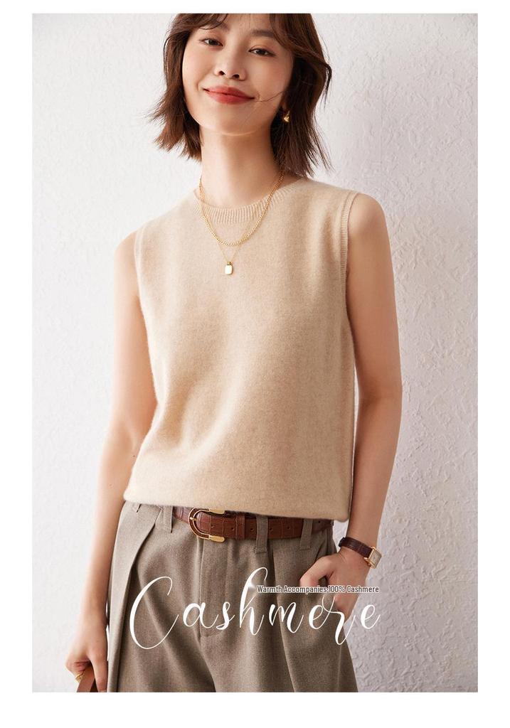 Women's 100% Cashmere Sleeveless Knit Camisole - Round Neck Base Layer Sweater.