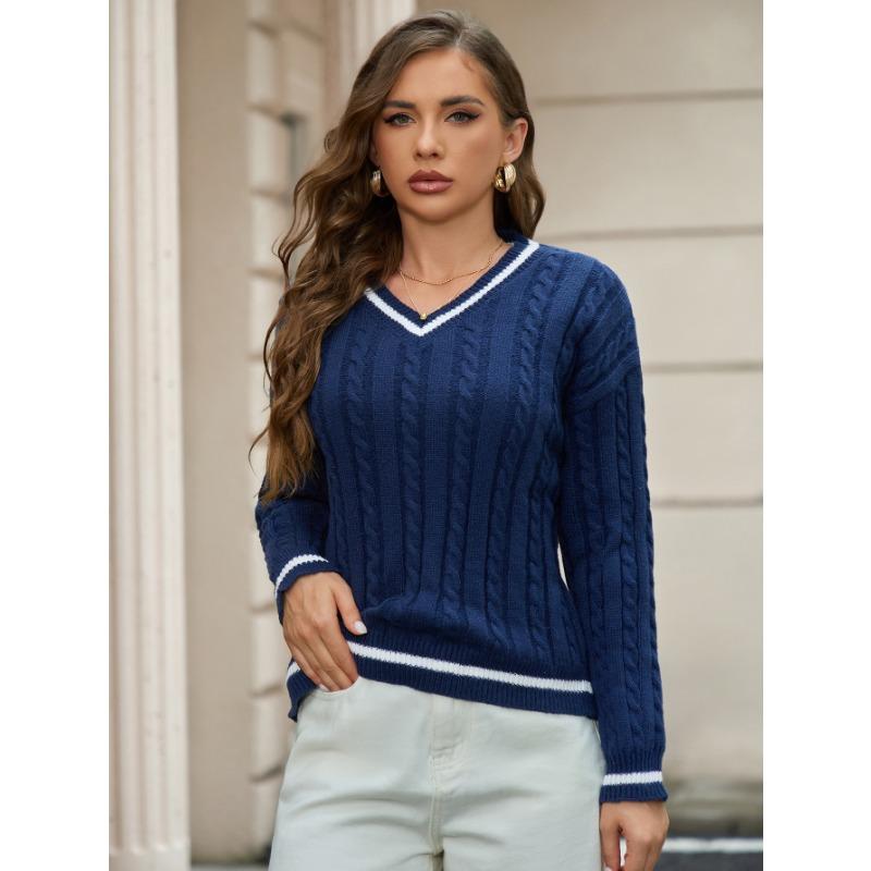 Damen V-Ausschnitt Langarm Pullover Strickpullover
