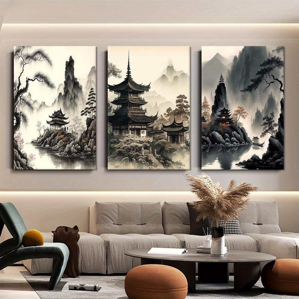 3 pieces of new Chinese ink landscape canvas decorative paintings, Chinese style Zen landscape pavilions, living rooms, entrance